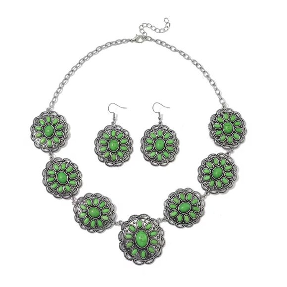 Jewelry - Women's Green Howlite Earrings and Necklace Stainless Steel Set